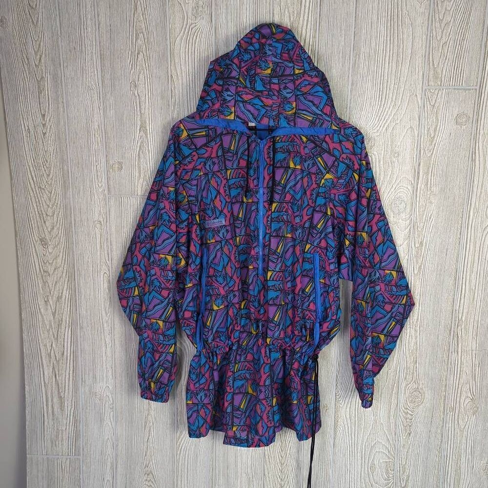 Vintage 90s Columbia Womens Size Medium Hooded Windbreaker Jacket Colorful Nylon